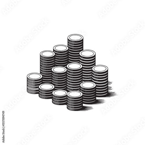 Stacked Coins Illustrate Financial Growth.A black and white graphic illustration depicts numerous stacks of coins arranged in a triangular pattern.