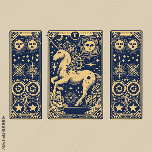 vintage symbols of the horned horse, a unicorn relic preserved in vector detail