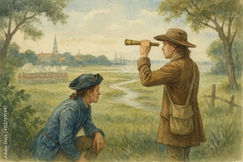 Two American Patriots Survey Redcoat Troops