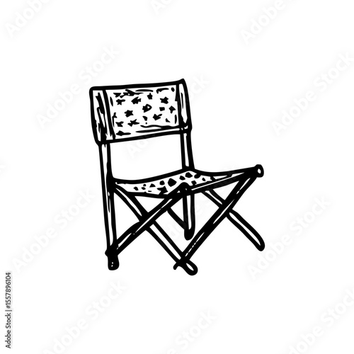Folding Camping Chair with Star Pattern – Hand Drawn Black Line Art in Doodle Style for Outdoor Adventure Designs, Camping Gear Icons, and Nature-Themed Print Projects