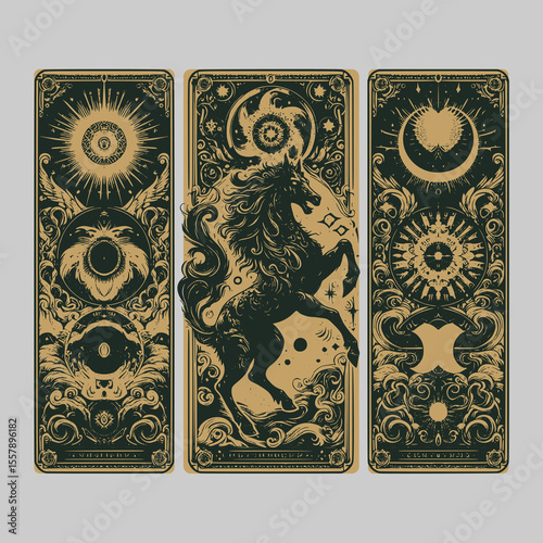 vintage monster horse illustration in vector style for dark fantasy card design