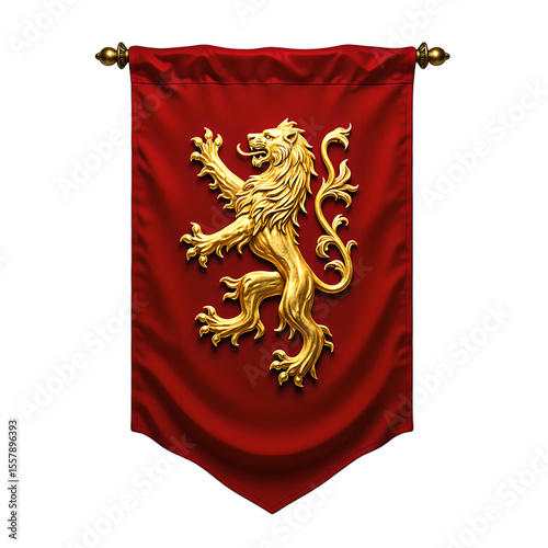 Regal red banner with gold lion emblem evoking medieval elegance Perfect for historical or majestic concepts