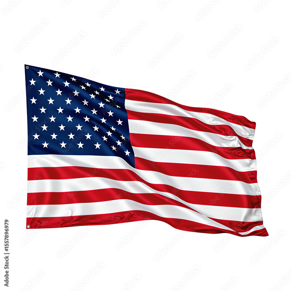 Fototapeta premium A patriotic image of the United States flag gently waving in the wind centered and isolated on a clean white background