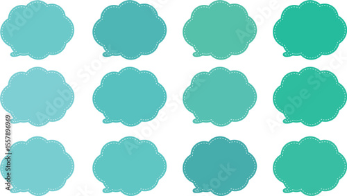 All the bubbles have a distinctive, rounded, cloud-like, or scalloped edge design. This vector image features twelve speech bubbles. Speech bubble with a white dashed line inside.