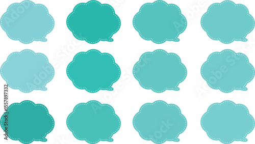 All the bubbles have a distinctive, rounded, cloud-like, or scalloped edge design. This vector image features twelve speech bubbles. Speech bubble with a white dashed line inside.