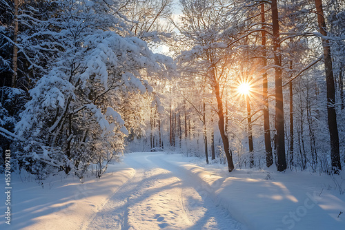 A snow covered path through a forest with the sun shining through the trees creating a bright light