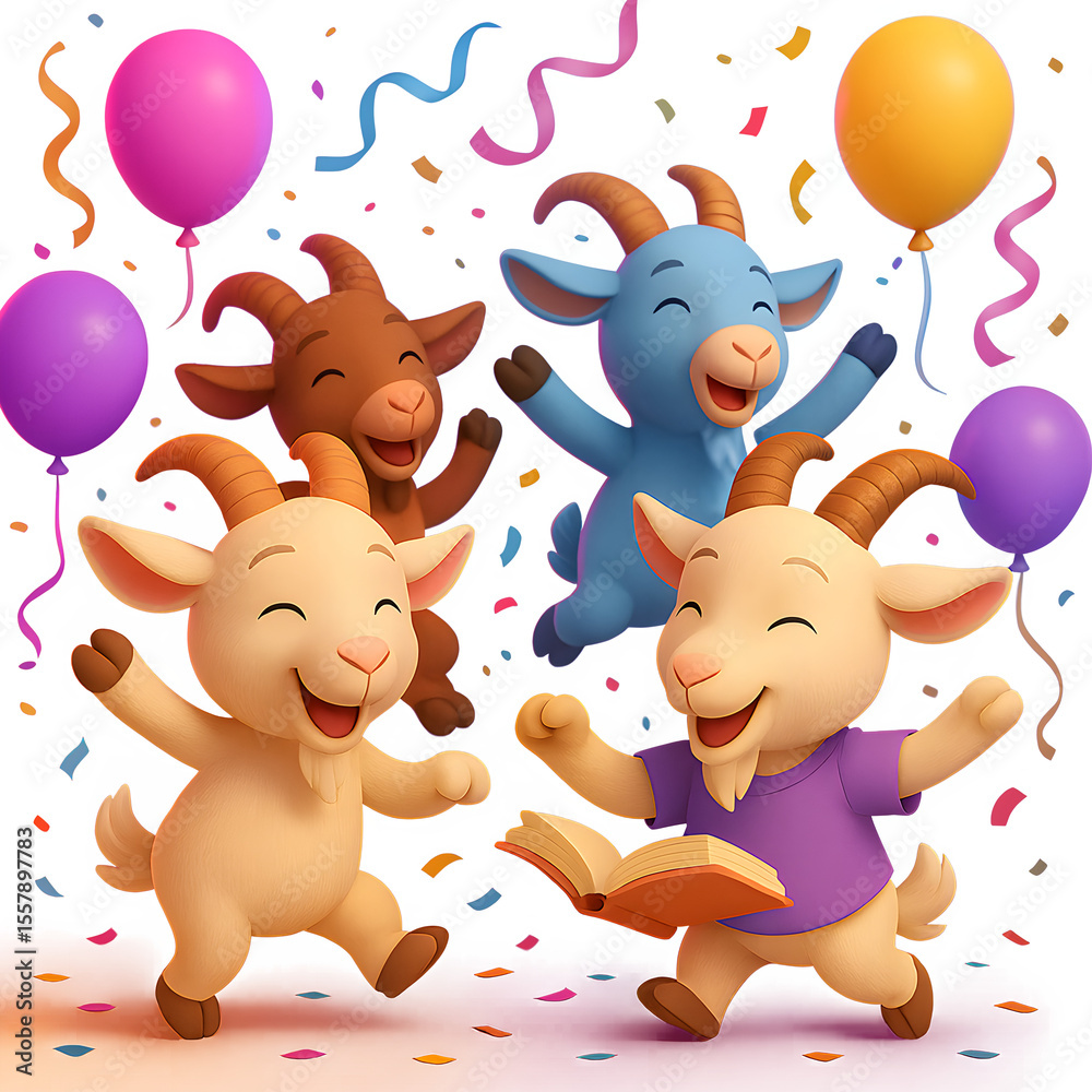 Naklejka premium Joyful Goats Celebrate with Balloons and Confetti Transparent Background