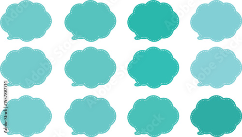 All the bubbles have a distinctive, rounded, cloud-like, or scalloped edge design. This vector image features twelve speech bubbles. Speech bubble with a white dashed line inside.
