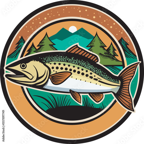 Stylized trout emblem with mountain and forest scenery isolated on a white background