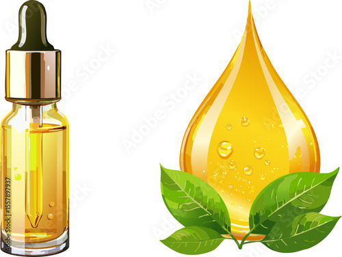 Aromatherapy oil in a dropper bottle, accompanied by a large drop of oil and green leaves. The image exudes a sense of purity, and natural healing