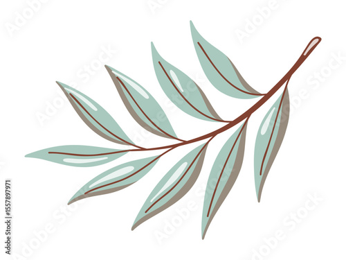 Willow branch with pastel blue color leaves. Nature Autumn illustration. Fall season object. Cartoon vector illustration 