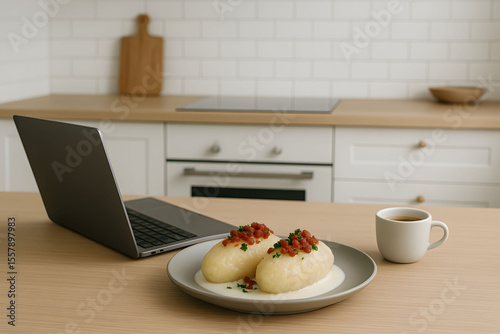 Traditional Lithuanian Cepelinai Dumplings Served with Bacon and Sour Cream in a Modern Kitchen Setting Beside Coffee and a Laptop