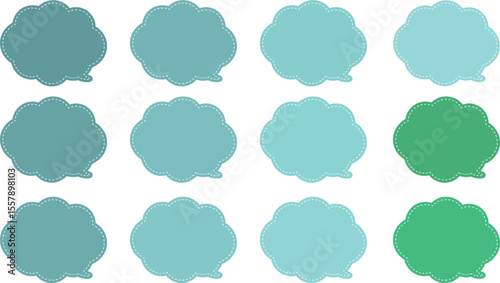 All the bubbles have a distinctive, rounded, cloud-like, or scalloped edge design. This vector image features twelve speech bubbles. Speech bubble with a white dashed line inside.