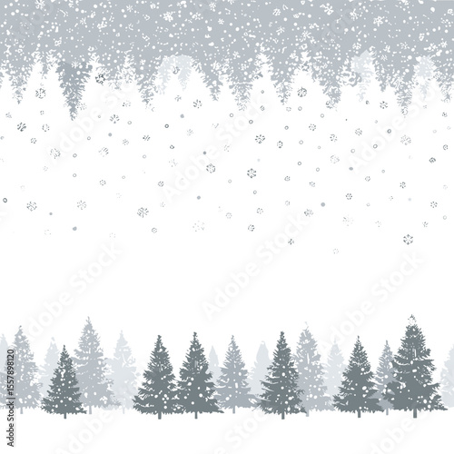 Vector winter scene with falling snowflakes, pine trees, and snowy pattern on transparent background, gray and white palette, simple design, high resolution