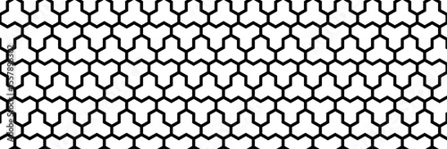 horizontal seamless black outline hexagon tile and textile pattern on white.