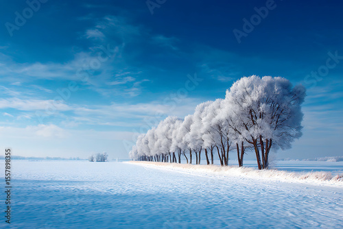 A winter landscape with snow covered trees under a blue sky with wispy clouds in a scenic view