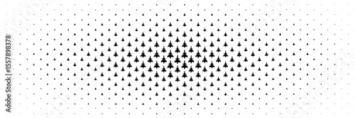 horizontal halftone of black fighter jet carrying missile spread from center on white.