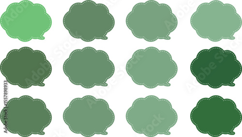 All the bubbles have a distinctive, rounded, cloud-like, or scalloped edge design. This vector image features twelve speech bubbles. Speech bubble with a white dashed line inside.