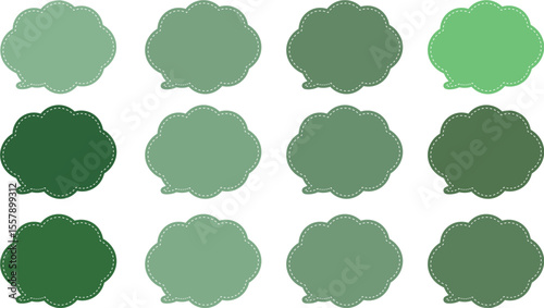 All the bubbles have a distinctive, rounded, cloud-like, or scalloped edge design. This vector image features twelve speech bubbles. Speech bubble with a white dashed line inside.