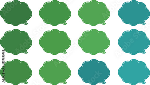 All the bubbles have a distinctive, rounded, cloud-like, or scalloped edge design. This vector image features twelve speech bubbles. Speech bubble with a white dashed line inside.