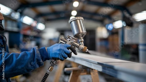 Professional painter expertly uses a spray gun to apply coating, showcasing craftsmanship in a workshop environment during a refinishing project.