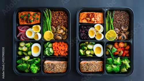 Two meal prep containers filled with vibrant ingredients, showcasing a variety of healthy foods for balanced nutrition and meal planning