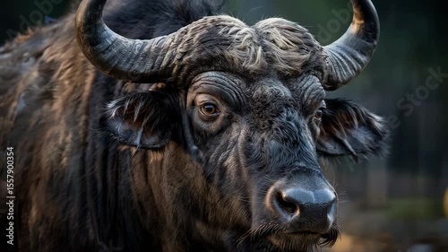 Striking close up reveals the rugged beauty and intense gaze of an African Cape Buffalo, showcasing its powerful horns and textured hide in natural lighting.