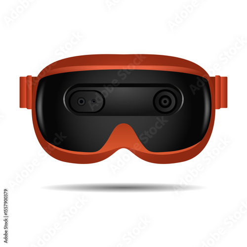Modern orange virtual reality headset with cameras and adjustable strap on white background