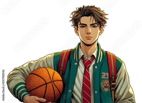 An anime-style color illustration of a high school student holding a basketball in his hands. Vector graphics. EPS.