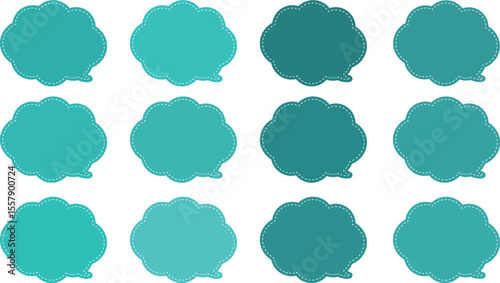 All the bubbles have a distinctive, rounded, cloud-like, or scalloped edge design. This vector image features twelve speech bubbles. Speech bubble with a white dashed line inside.