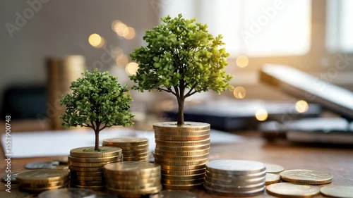Growing wealth is visualized with trees sprouting from stacked coins, symbolizing investment and financial growth.