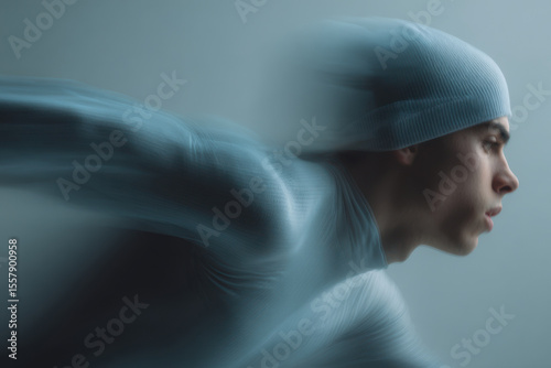 dynamic portrait of speed skater captured in motion positioned on left side of frame with random emotion displayed