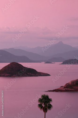 minimalistic scene featuring solitary palm tree silhouetted against stunning sunset over seychelles archipelago
