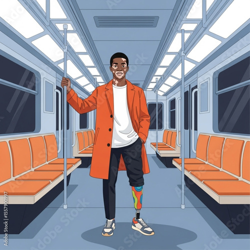 Illustration of person with prosthetic leg and vitiligo alone in empty metro train carriage

