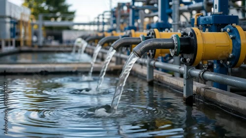 Water flows from industrial pipes into a reservoir at a clean water treatment plant, showcasing water management and treatment