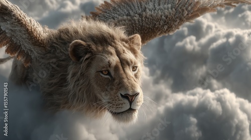 Majestic winged lion soars through the ethereal clouds, symbolizing power, freedom