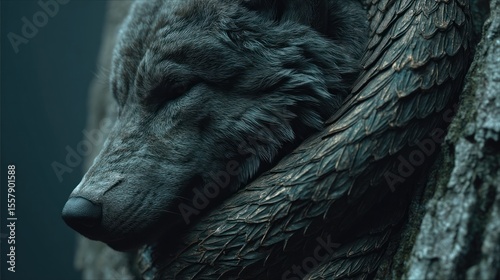 Mystical wolf embrace, nature's protective bond in a shadowed forest scene