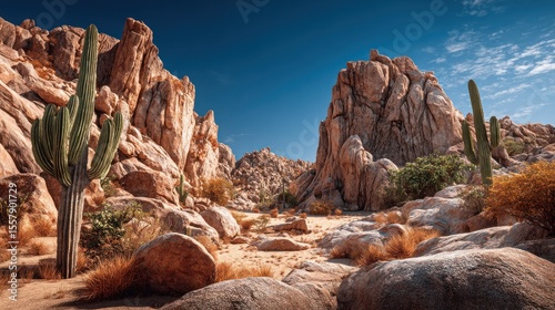 Spectacular Desert Landscape with Towering Saguaro Cacti and Majestic Rock Formations