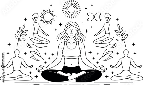A woman in a yoga pose surrounded by celestial bodies, other yoga poses, and plant elements art

