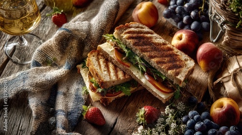 Gourmet picnic scene featuring grilled sandwiches with fruit and white wine