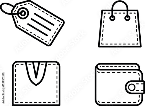 Illustration of a price tag, shopping bag, envelope, and wallet in a minimalist line art style
