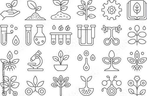 A collection of outline icons depicting plant science and growth in a minimalist style design
