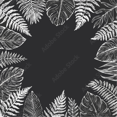 wide chalk canvas framed with overlapping monstera, palm and fern leaves forming a tropical botanical border bounty
