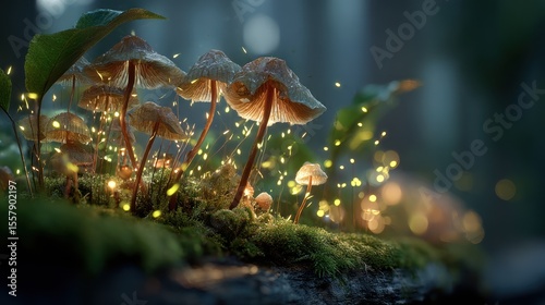 Mystical mushrooms with glowing particles in a magical forest setting landscape