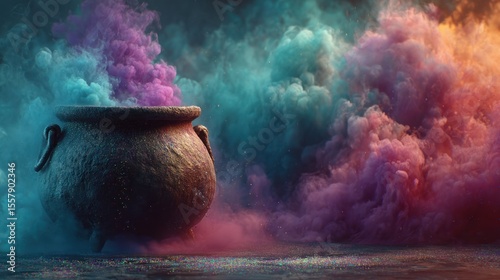 Mystical cauldron filled with swirling vibrant smoke in a magical setting