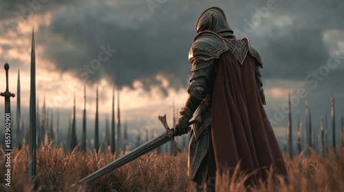 Knight standing in a field of swords with dramatic sky, ready for battle