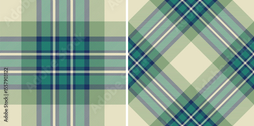 Classic textile design featuring tartan plaid patterns in muted teal, green, and cream. Ideal for backgrounds, fabric design, and traditional themes.