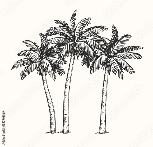 Minimilist illustration of a palm tree with detailed fronds standing near the ocean with wavy water lines design vector