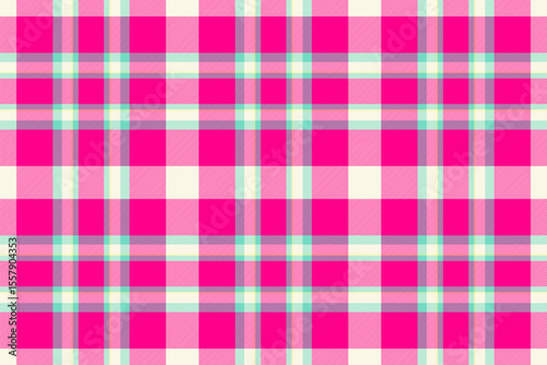 Vibrant plaid pattern. Pink and cream squares intersect with light blue and purple lines, creating a bold and cheerful design. Ideal for backgrounds, textiles, or fun projects.