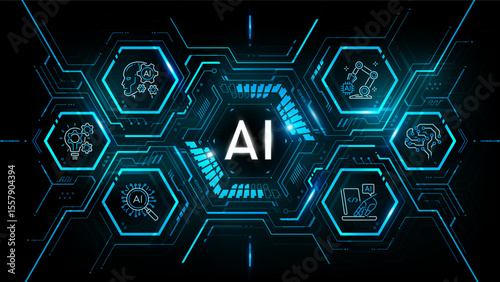 Artificial Intelligence Logo on hexagon technology background and icon, AI generative technology concept, neural network, big data, digital Hud futuristic and deep learning, vector illustration